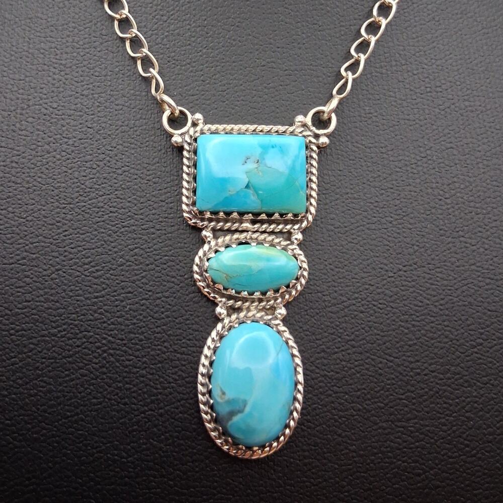 Kingman Turquoise 3 Stone Pendant Necklace 14-19in Sterling Silver Southwestern